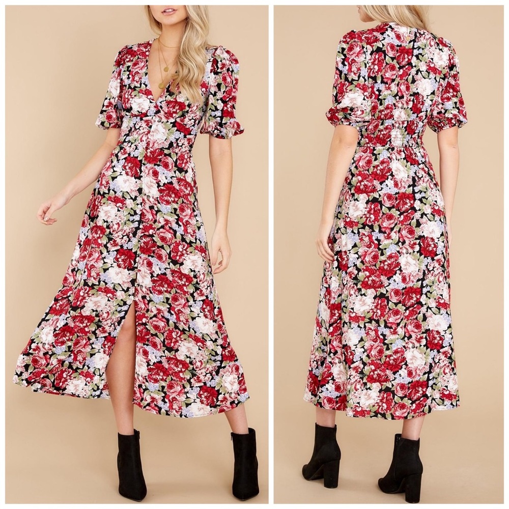 MINKPINK Red & White Floral Midi Dress